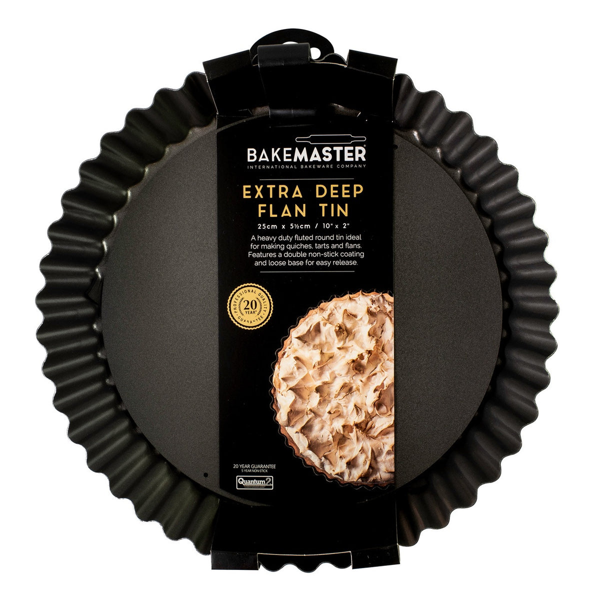 Bakemaster extra deep loose base quiche pan in dark non-stick steel, shown in its packaging