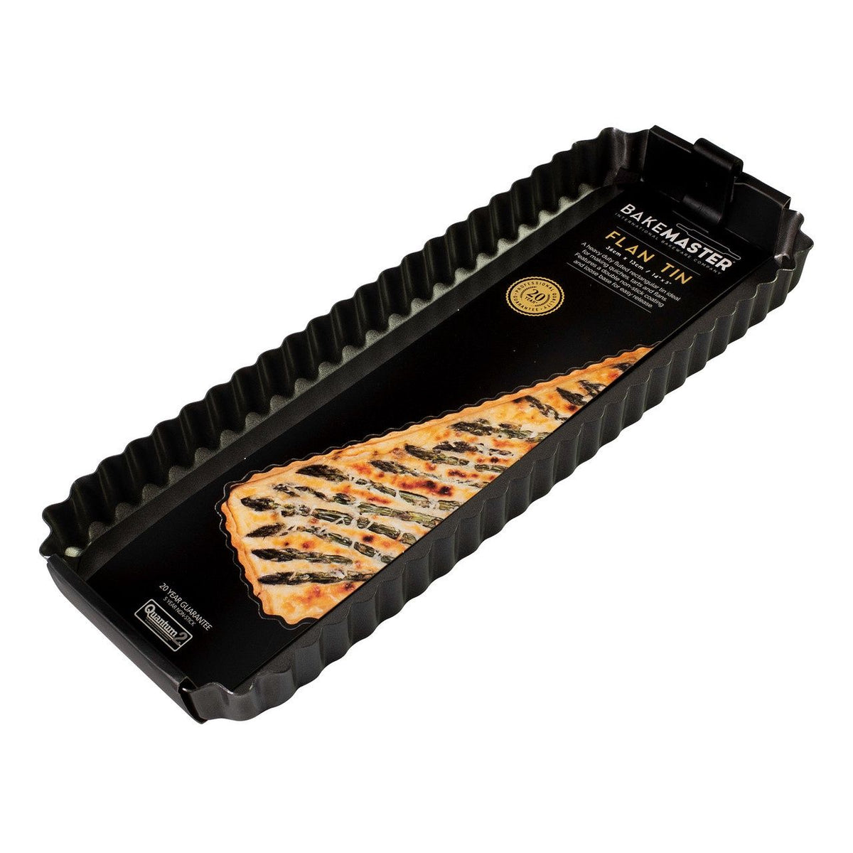 Bakemaster fluted rectangle quiche pan in dark non-stick steel, shown in its packaging