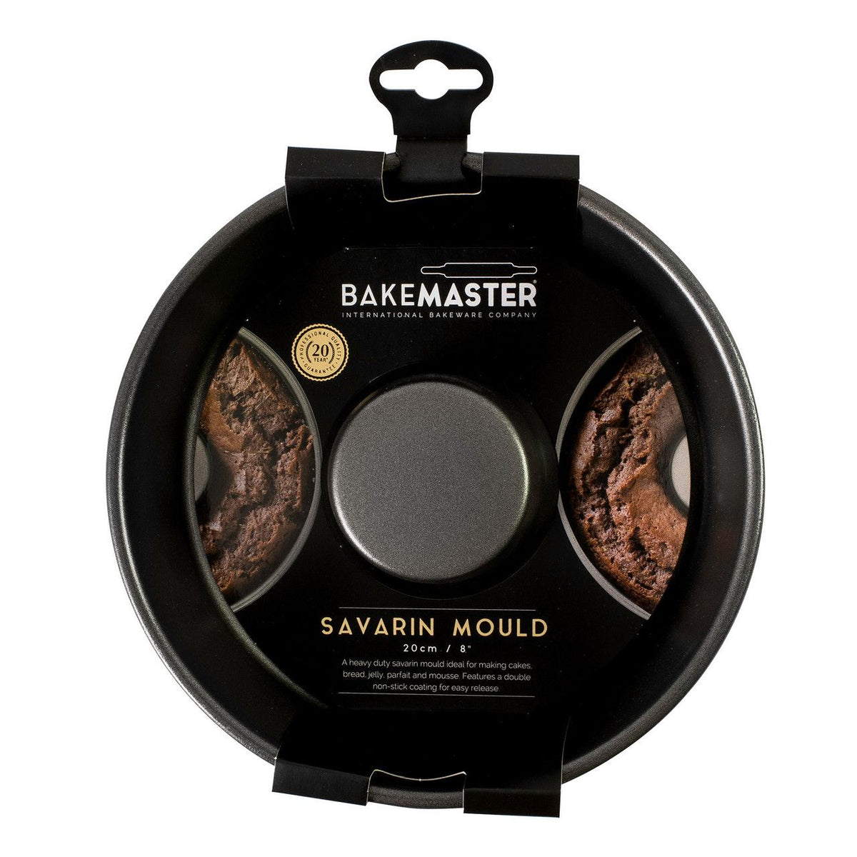 Bakemaster savarin mould in dark non-stick steel, shown in its branded packaging