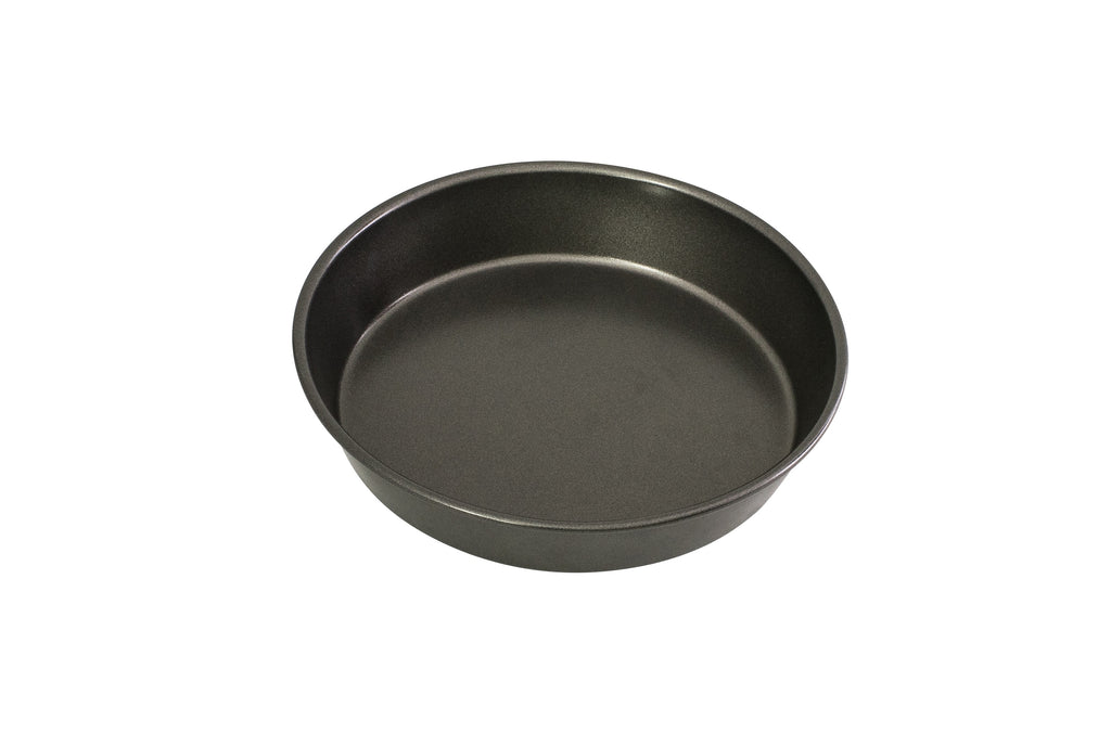 Bakemaster deep pie pan in dark non-stick steel, a round tin with sloped sides