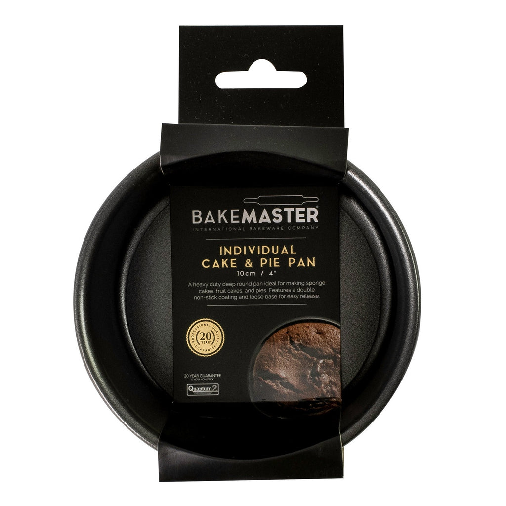 Bakemaster loose base round cake pan, 10x7cm, in dark non-stick steel, shown in its branded packaging