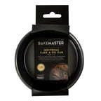 Bakemaster loose base round cake pan, 10x7cm, in dark non-stick steel, shown in its branded packaging