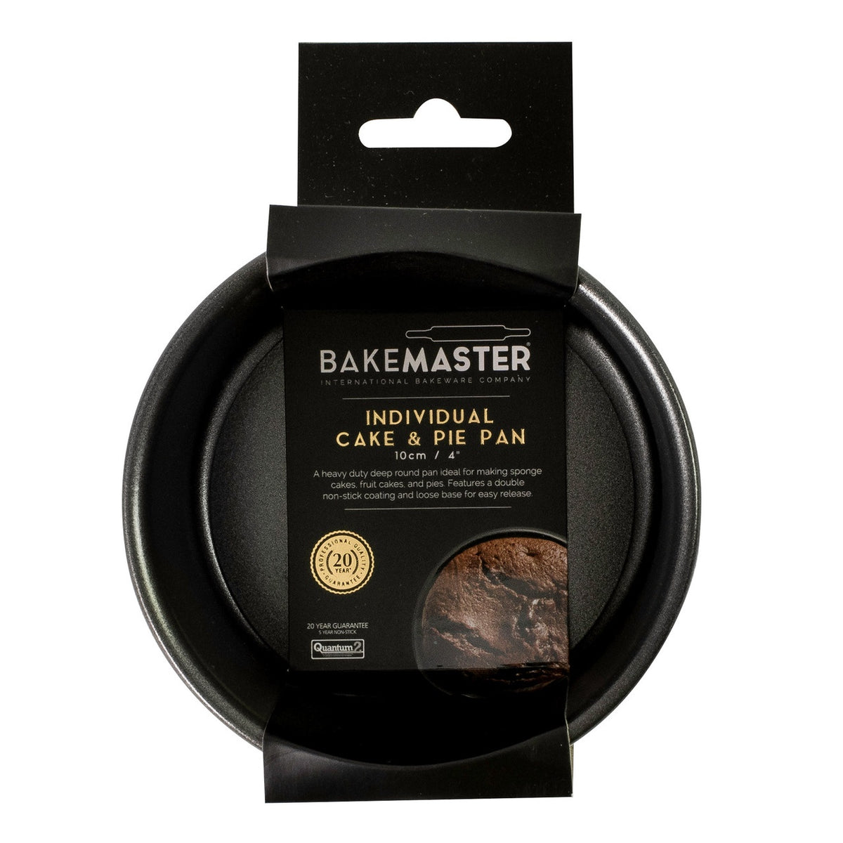 Bakemaster loose base round cake pan, 10x7cm, in dark non-stick steel, shown in its branded packaging