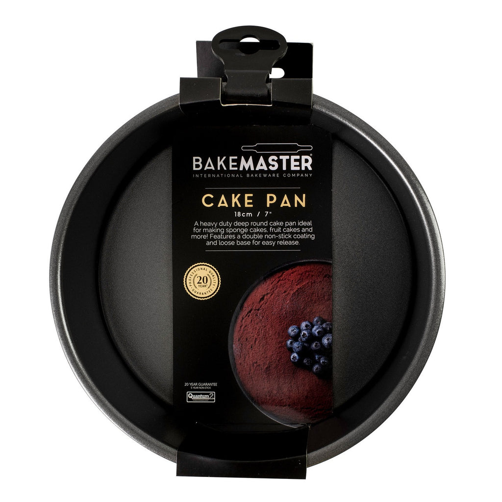 Bakemaster loose base round deep cake pan, 18x8cm, shown in its packaging
