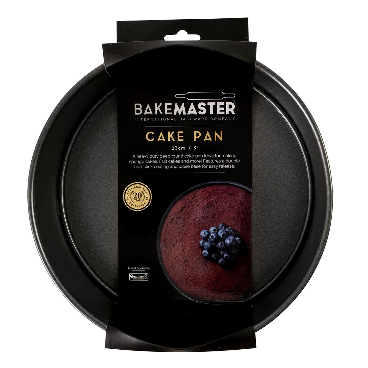 Bakemaster loose base round deep cake pan, 23x8cm, shown in its packaging