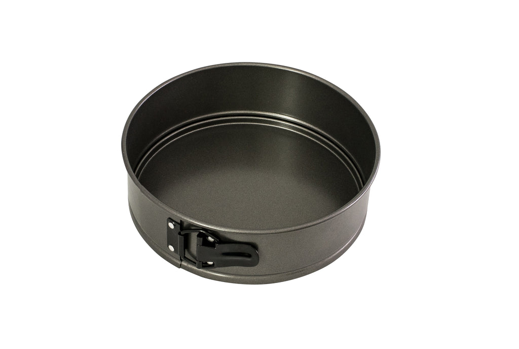 Bakemaster round springform cake pan, 23cm, in dark non-stick steel with a clip release