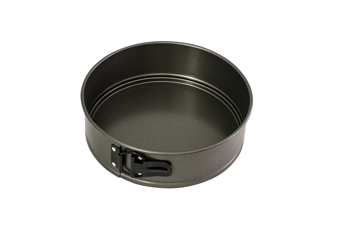 Bakemaster round springform cake pan, 23cm, in dark non-stick steel with a clip release