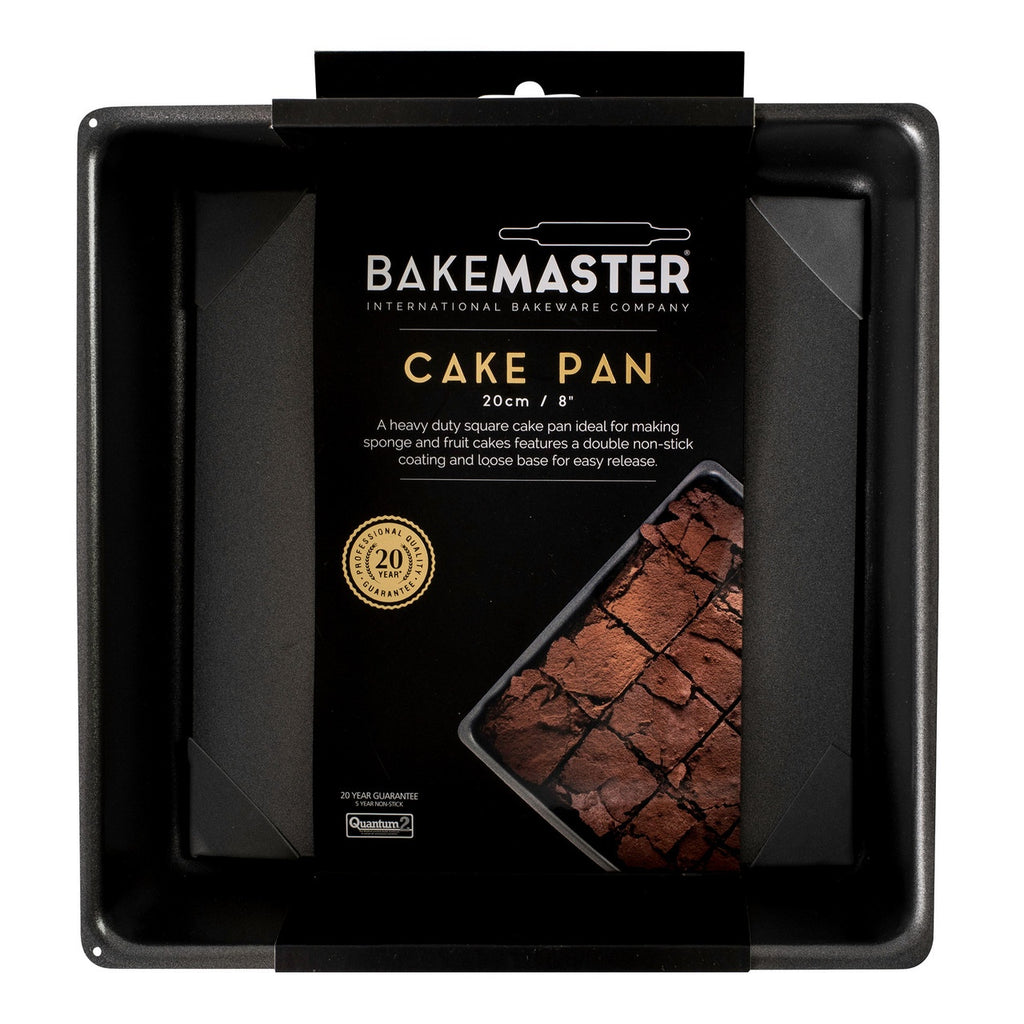 Bakemaster loose base square cake pan, 20cm, shown in its packaging