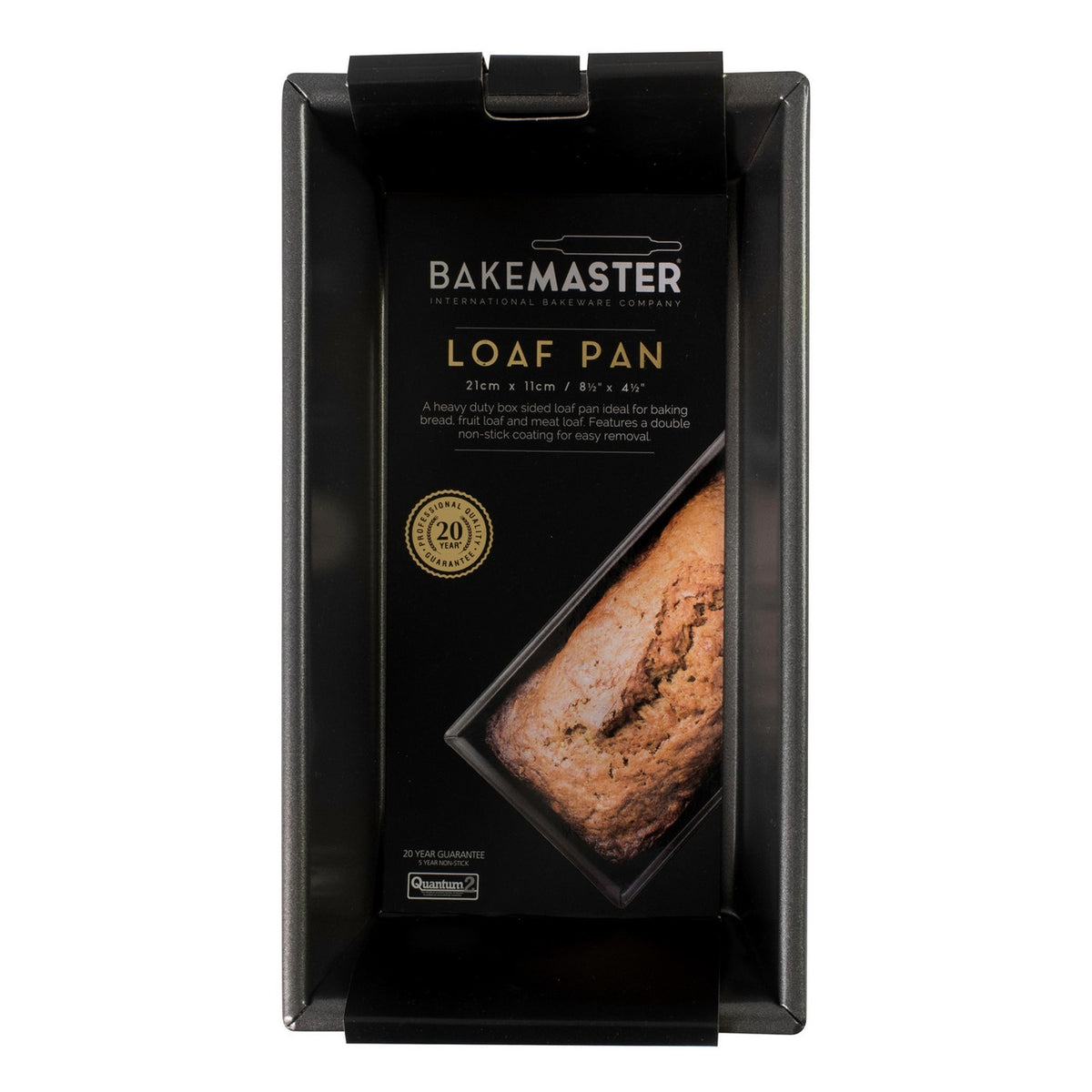 Bakemaster box sided loaf pan in dark non-stick steel, shown in its packaging with a baked loaf