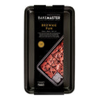 Bakemaster brownie pan in dark non-stick steel, shown in its packaging with a photo of brownies