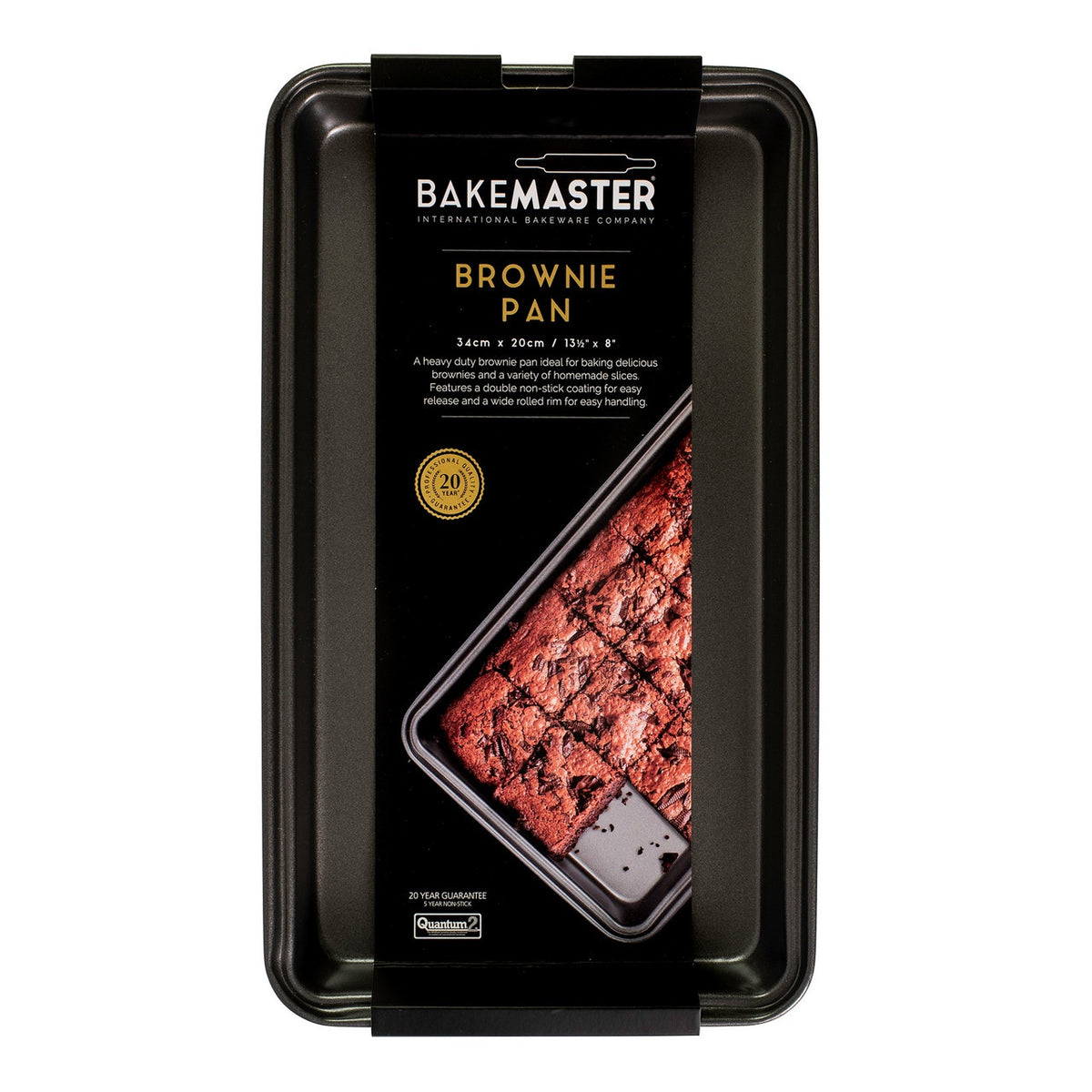 Bakemaster brownie pan in dark non-stick steel, shown in its packaging with a photo of brownies