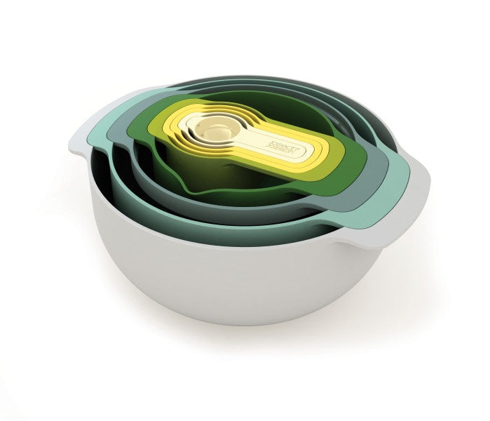 Joseph Joseph Nest 9 Plus in Opal, nested bowls, a sieve and measuring cups in shades of green and grey