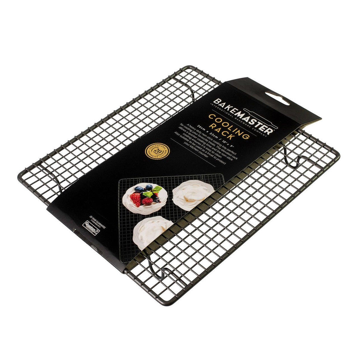 Bakemaster cooling rack, 26x23cm, in black coated wire, shown with its packaging
