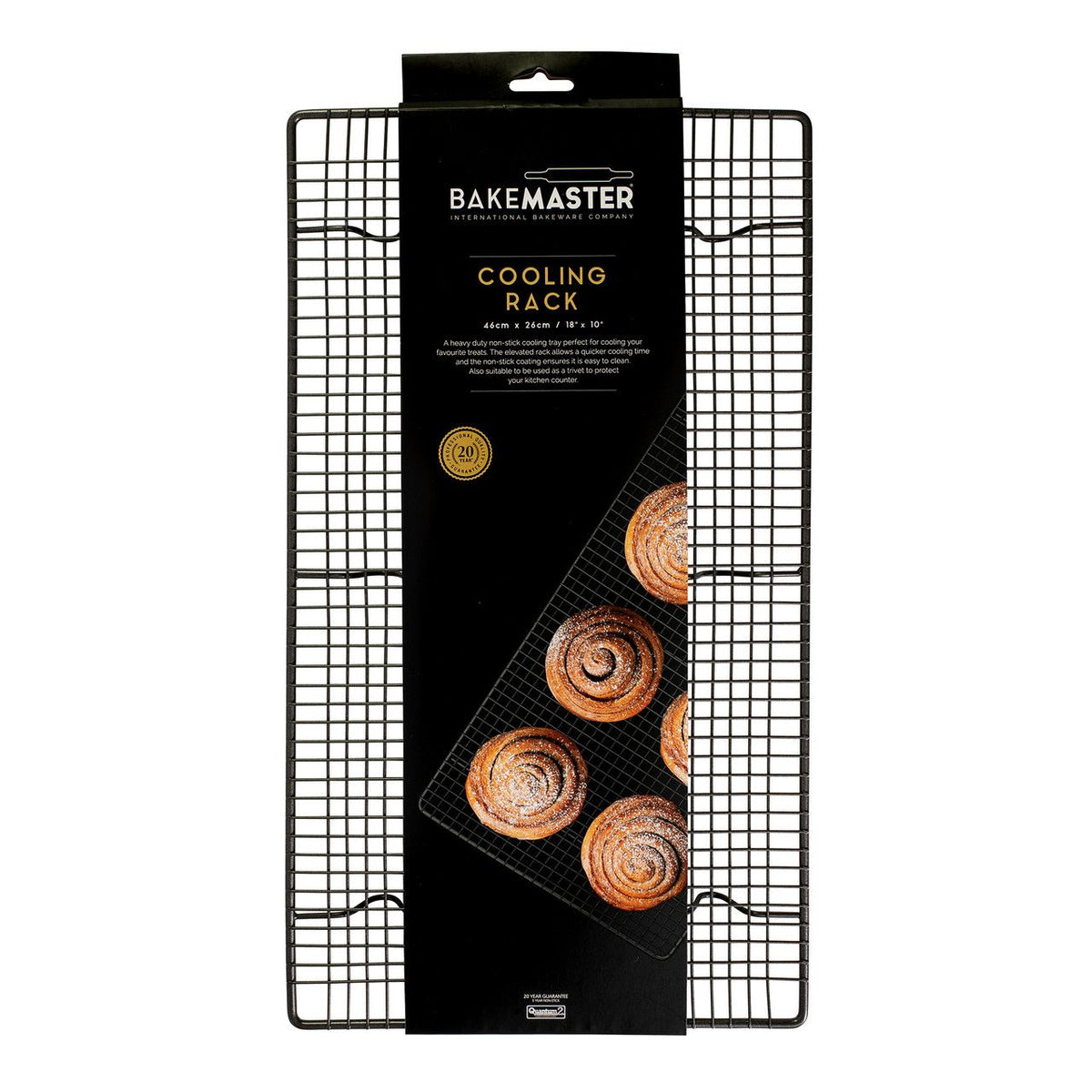 Bakemaster cooling rack, 46x26cm, in black coated wire, shown in its packaging with a photo of buns
