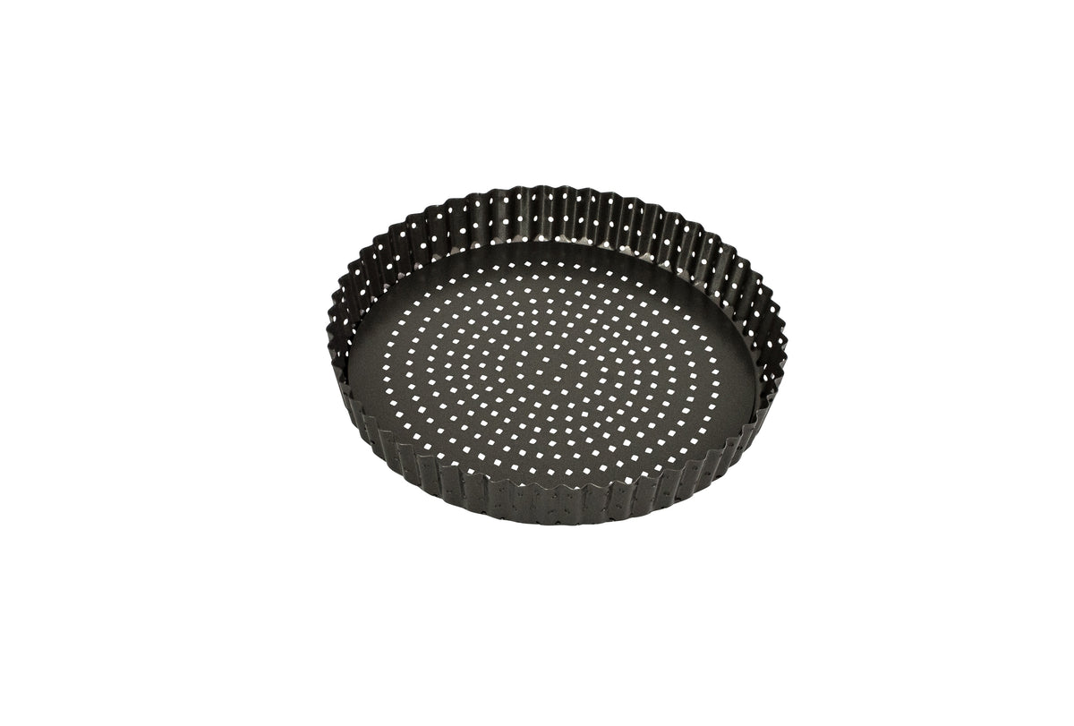 Bakemaster Perfect Crust 23cm quiche pan in dark non-stick steel with a fluted edge and perforated base