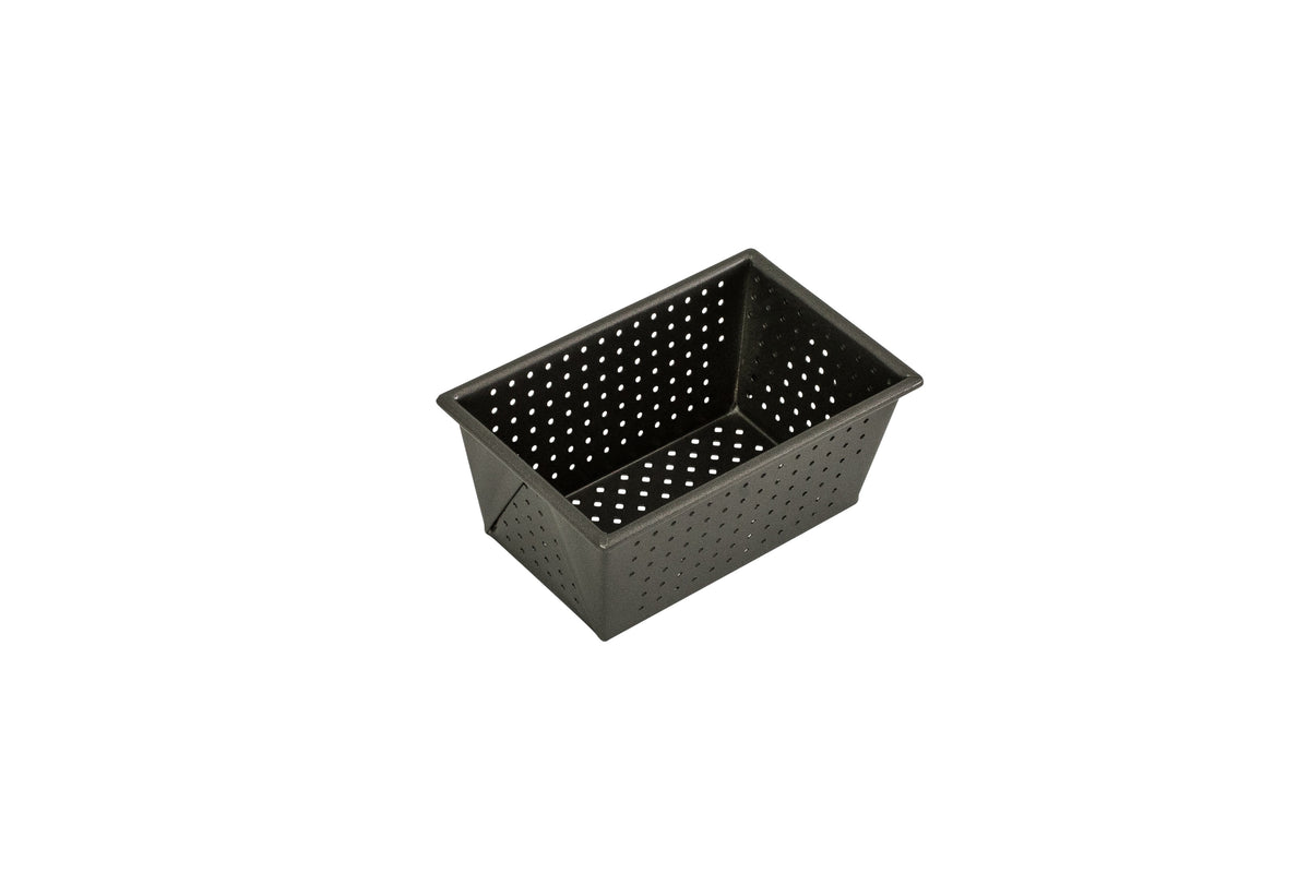 Bakemaster Perfect Crust box sided loaf pan, 15x10x7cm, in dark non-stick steel with a perforated finish