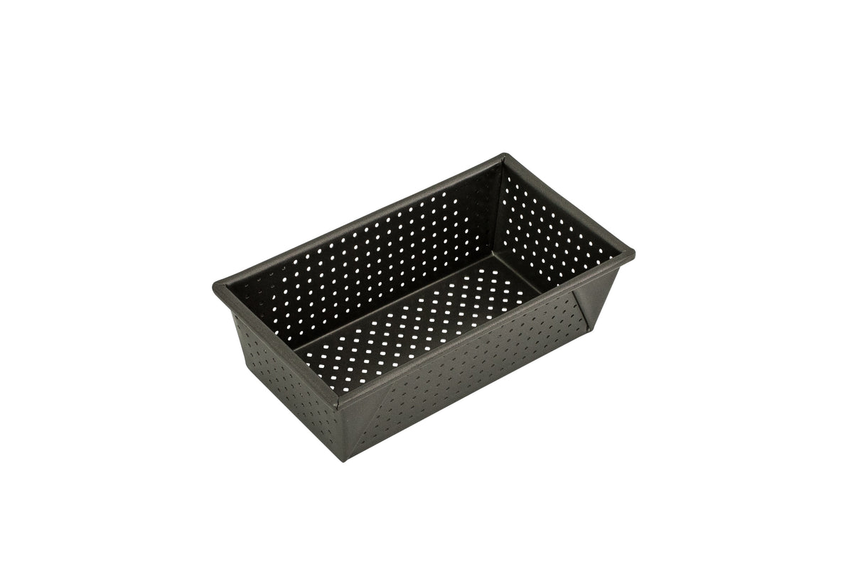 Bakemaster Perfect Crust loaf pan in dark non-stick steel with a perforated base and sides