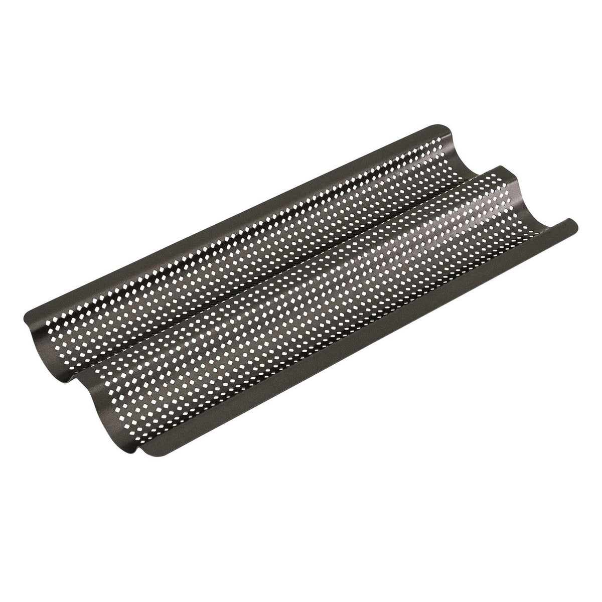 Bakemaster baguette tray in dark non-stick steel with a perforated two channel design