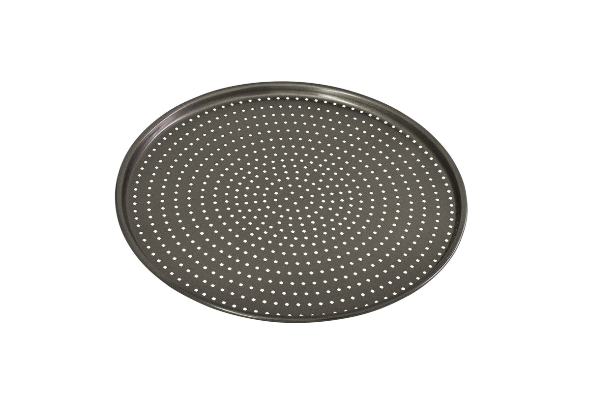 Bakemaster Perfect Crust pizza tray, 32cm, in dark perforated non-stick steel