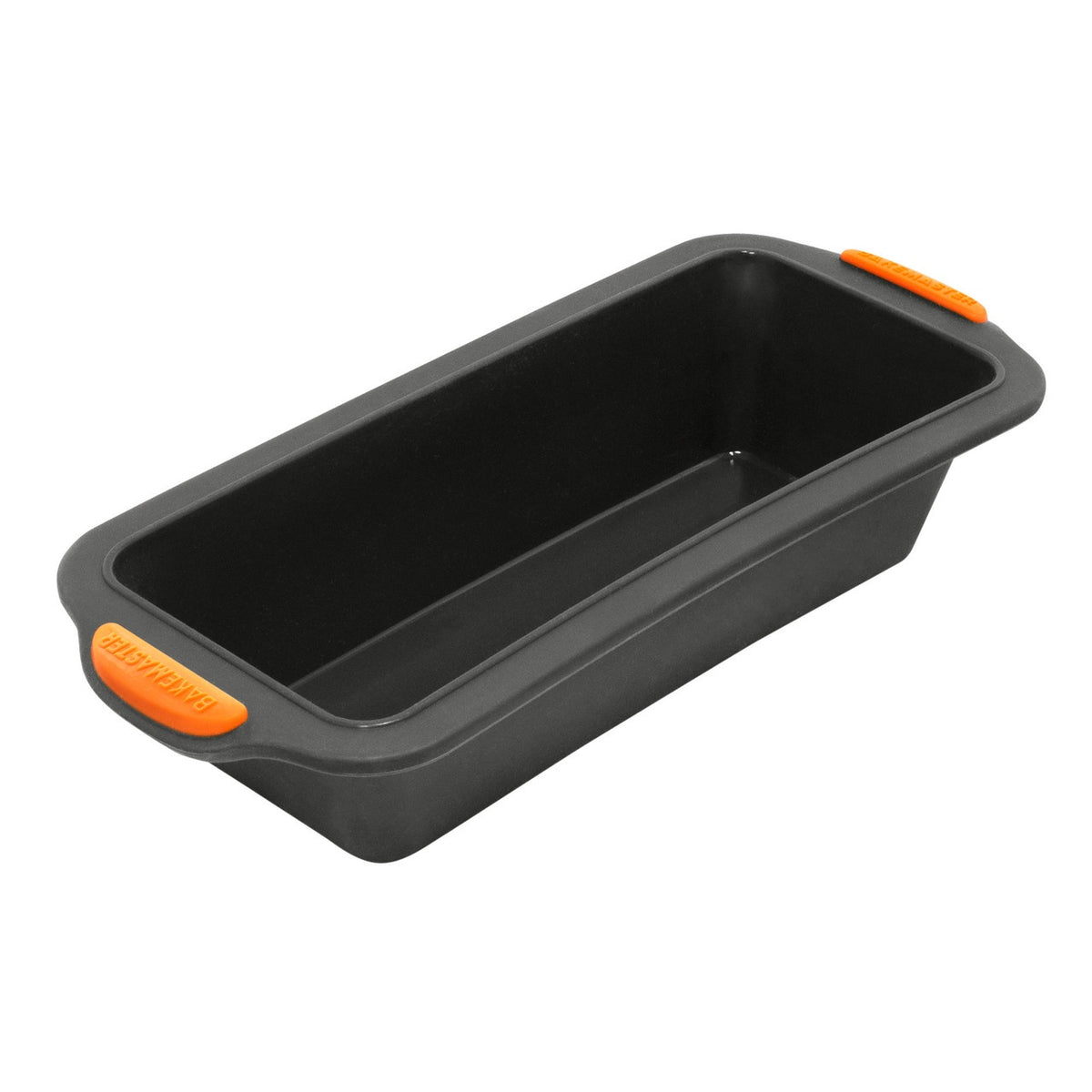 Bakemaster silicone loaf pan in black with orange handles