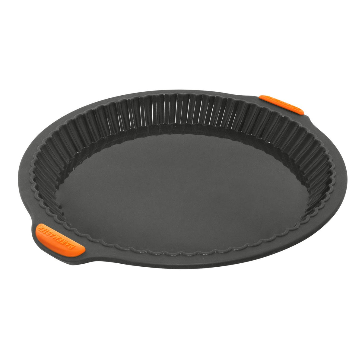 Bakemaster silicone quiche pan in black with a fluted edge and orange corner tabs