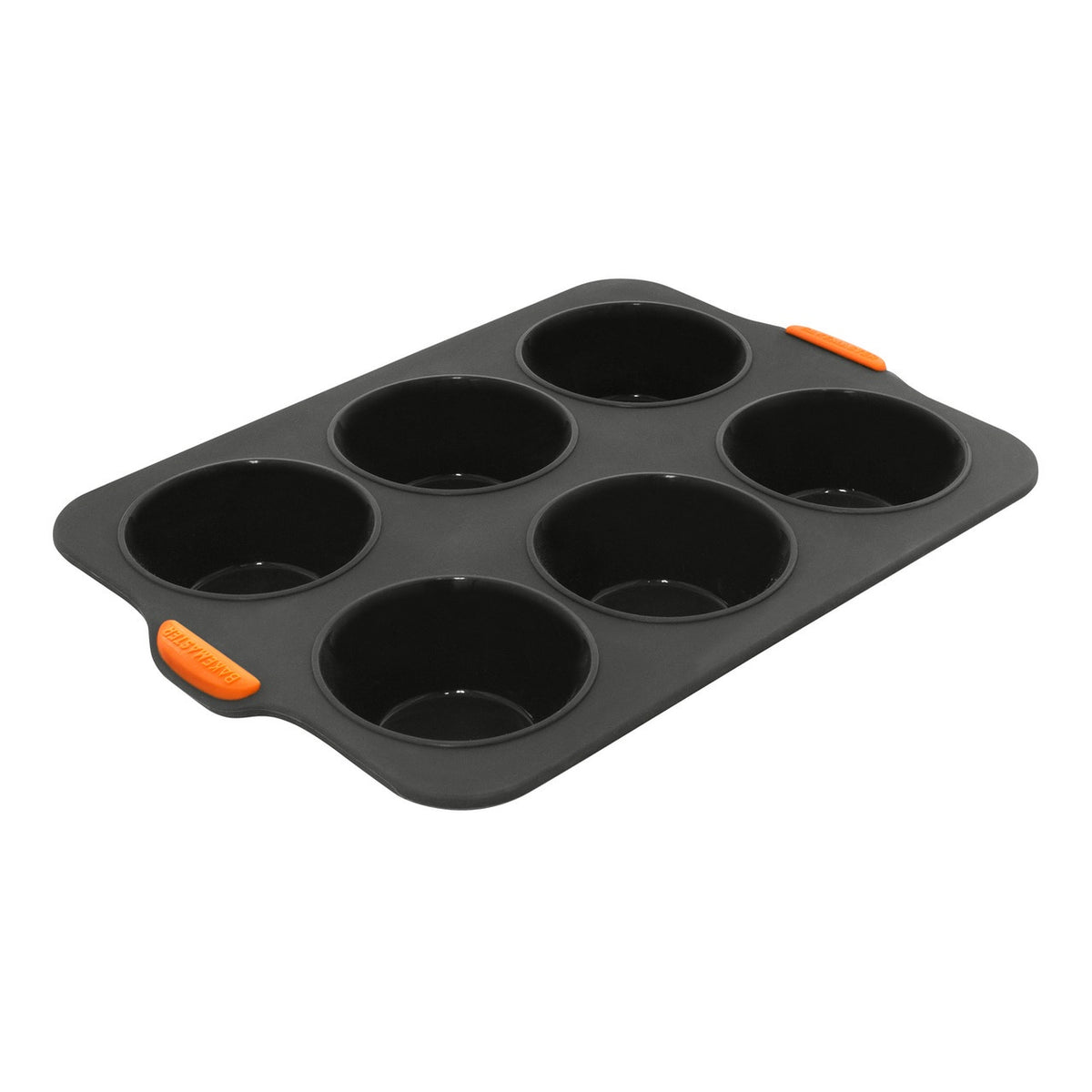 Bakemaster silicone 6 cup large muffin pan in black with orange corner tabs