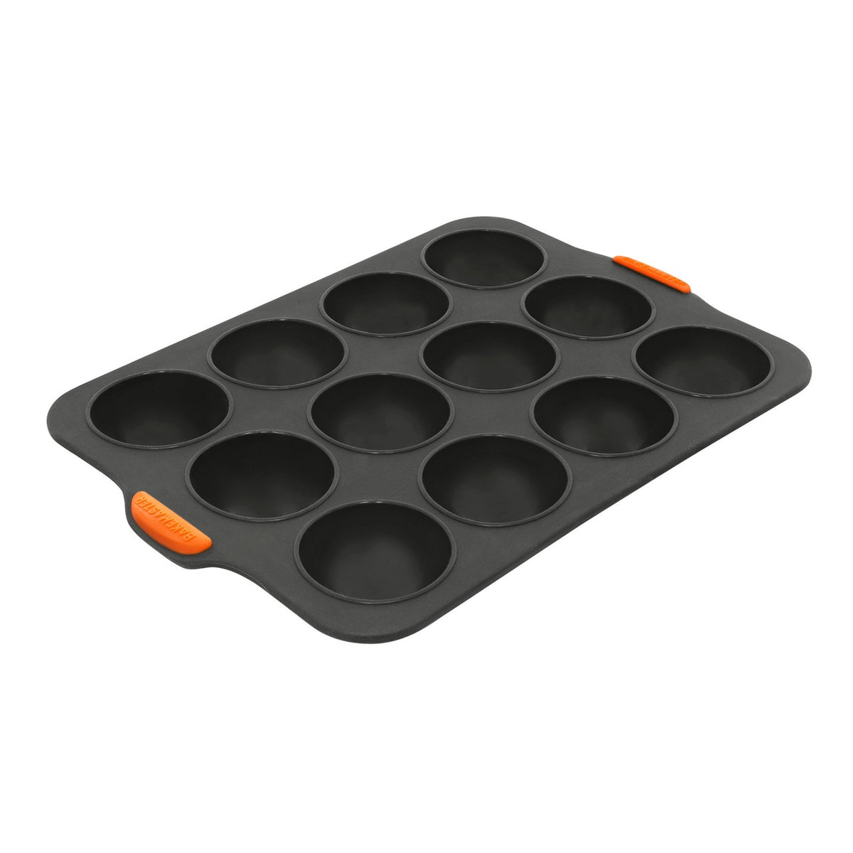 Bakemaster silicone 12 cup dome tray in dark grey with orange corner tabs