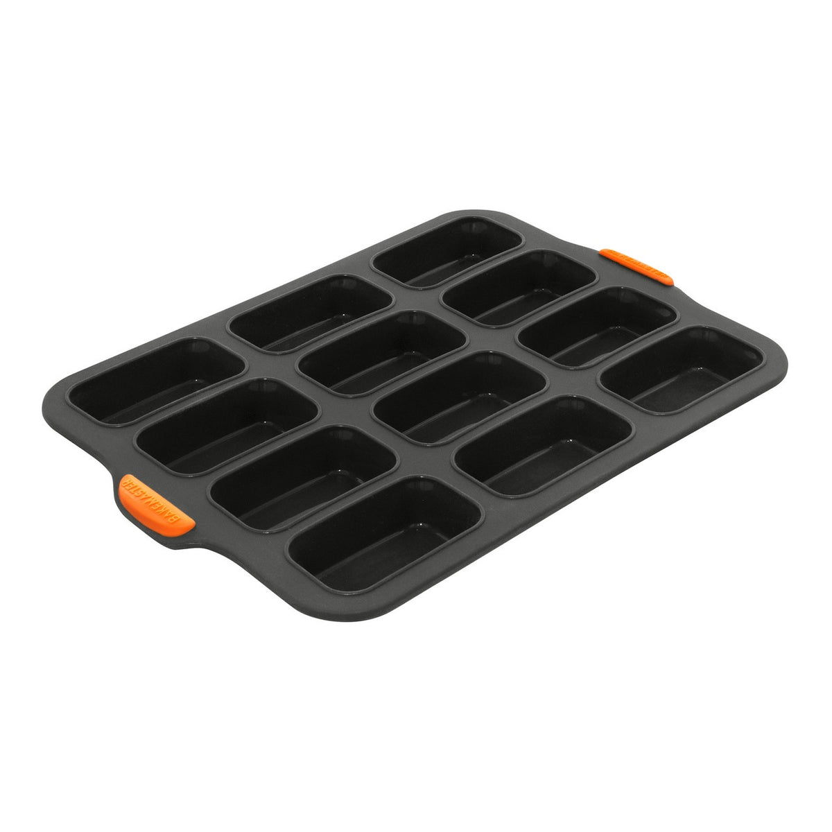 Bakemaster silicone 12 cup mini loaf pan in dark grey with orange corner tabs