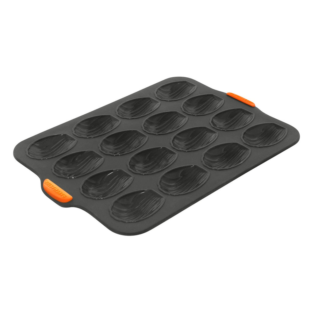 Bakemaster silicone 16 cup madeleine pan in black with orange corner tabs