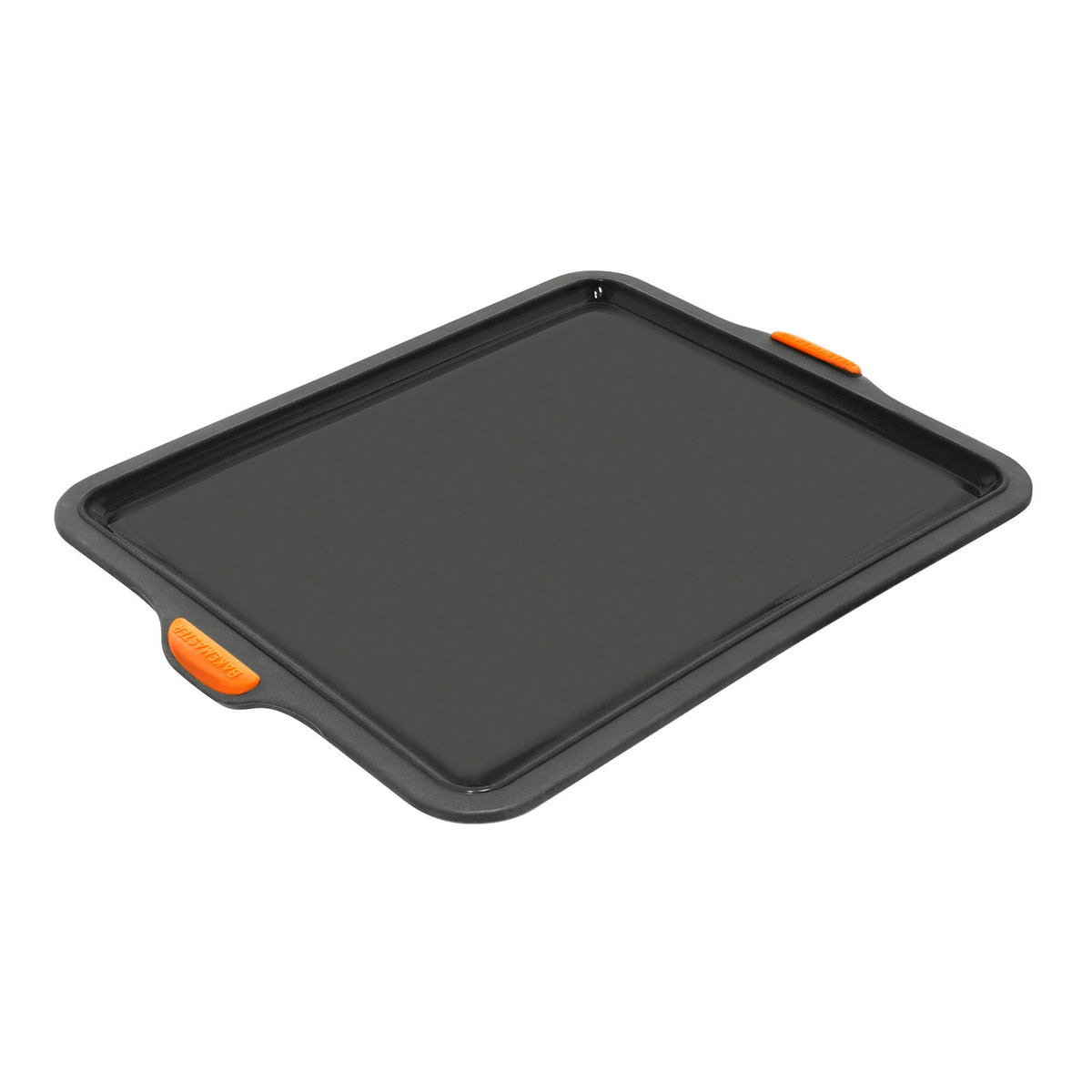 Bakemaster silicone baking tray in black with orange corner grips