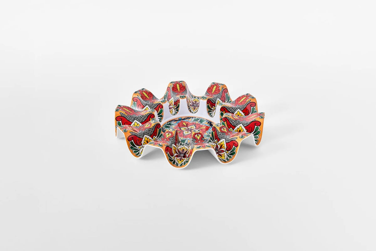 Prepara Taco Carousel, a colourful ceramic taco holder with a talavera style pattern