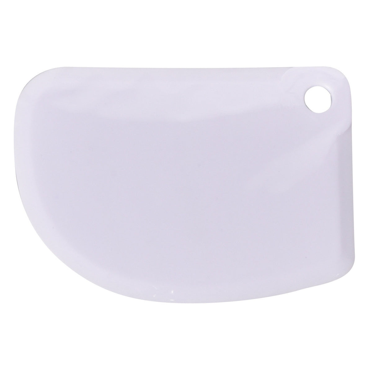 Bakemaster dough scraper in white with a rounded edge and a hanging hole