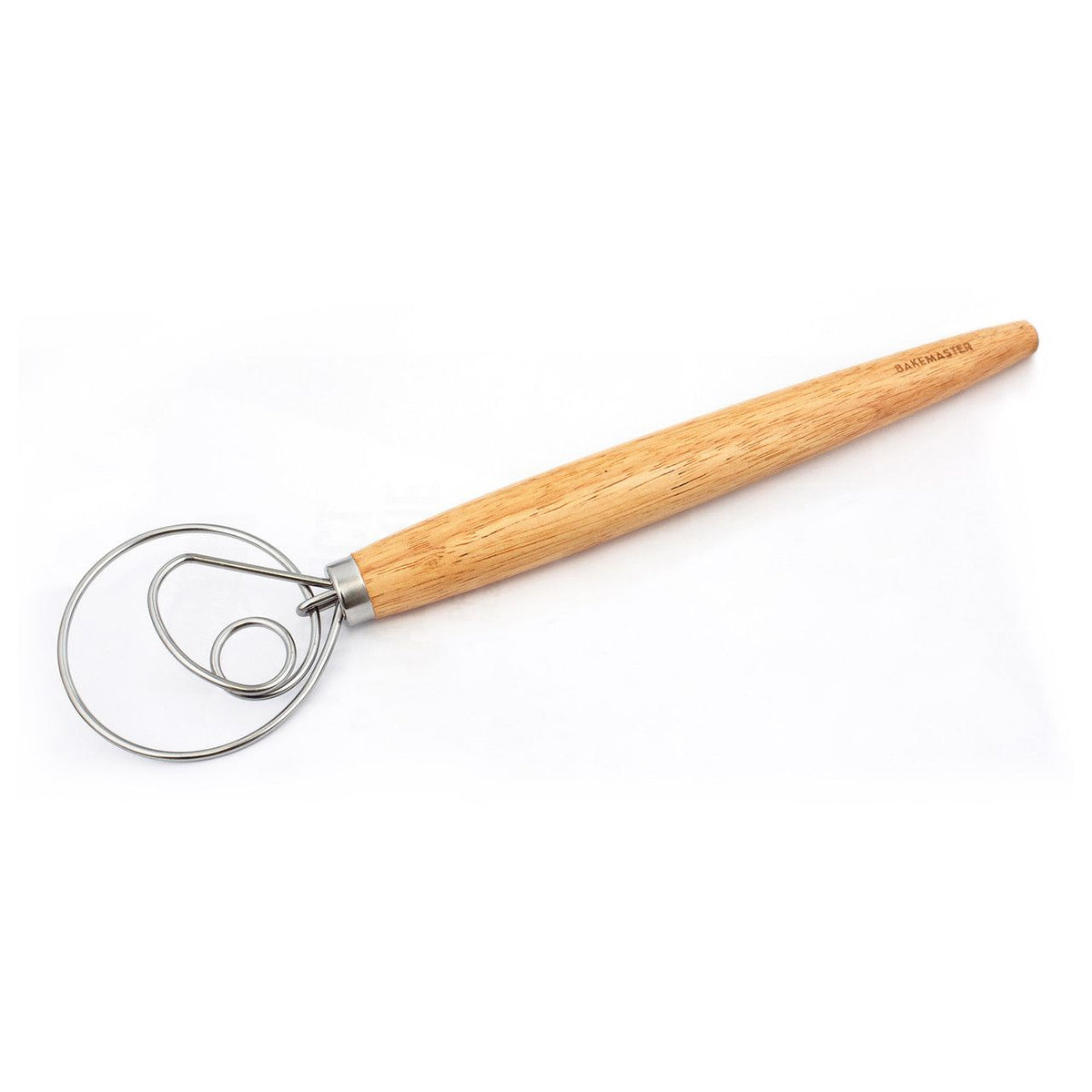 Bakemaster dough whisk with a looped stainless steel head and a wooden handle