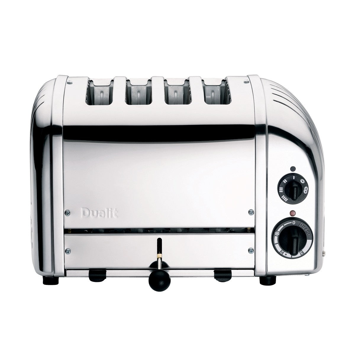 Dualit four slice toaster in polished chrome with two dials and a side lever