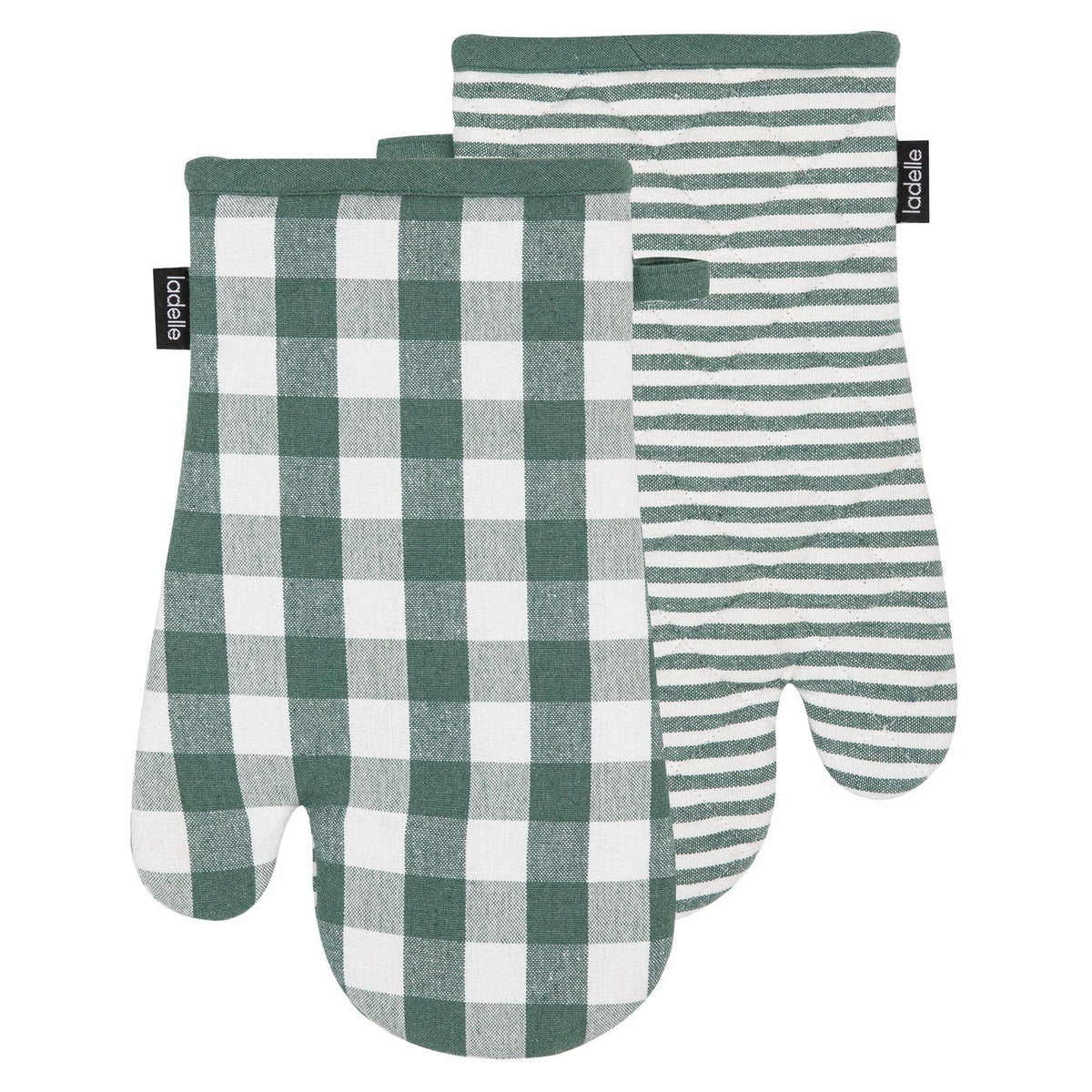 Ladelle Eco Gingham Green oven mitts, a pair in green check and stripe