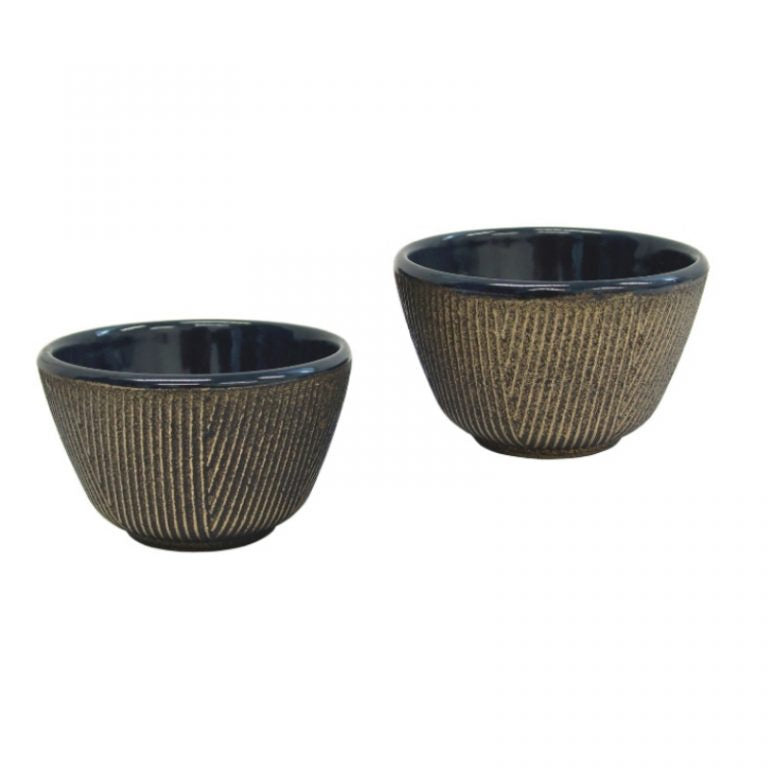 Teaology cast iron tea cups set, two cups with black and gold Imperial Stripe pattern