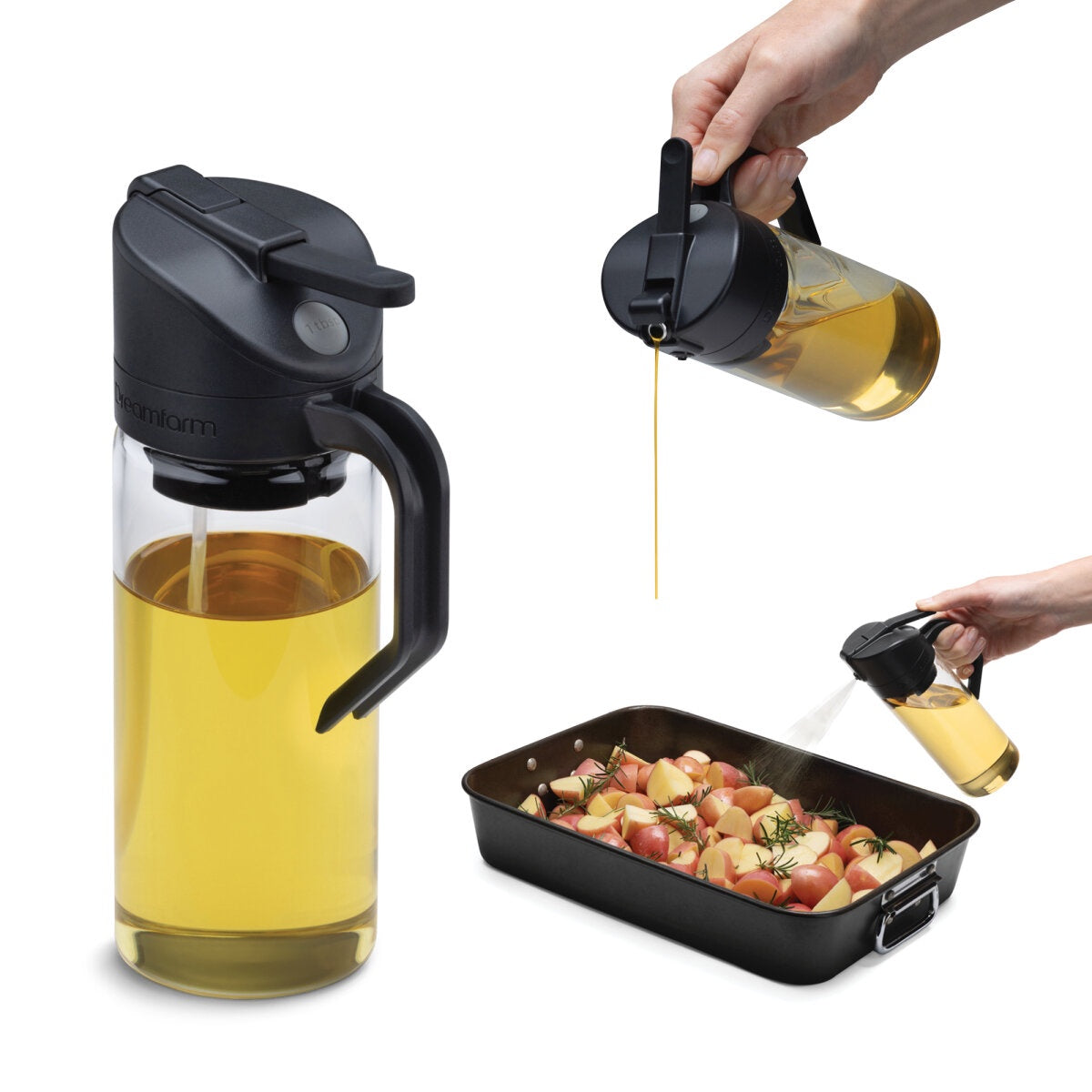Dreamfarm Oileroo 3 in 1 oil sprayer with a glass jar and black lid, shown pouring and spraying oil over roasting vegetables