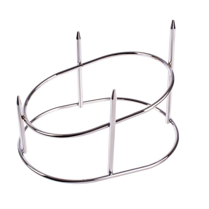 Appetito chrome ham stand, an oval wire frame with vertical spikes