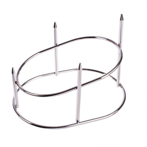 Appetito chrome ham stand, an oval wire frame with vertical spikes