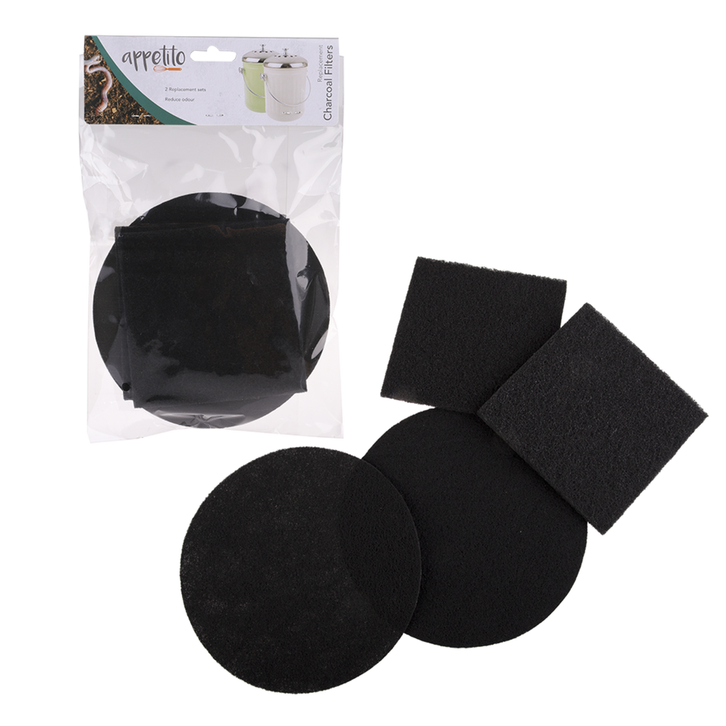Appetito replacement charcoal filter set, round and square pads shown with their packaging