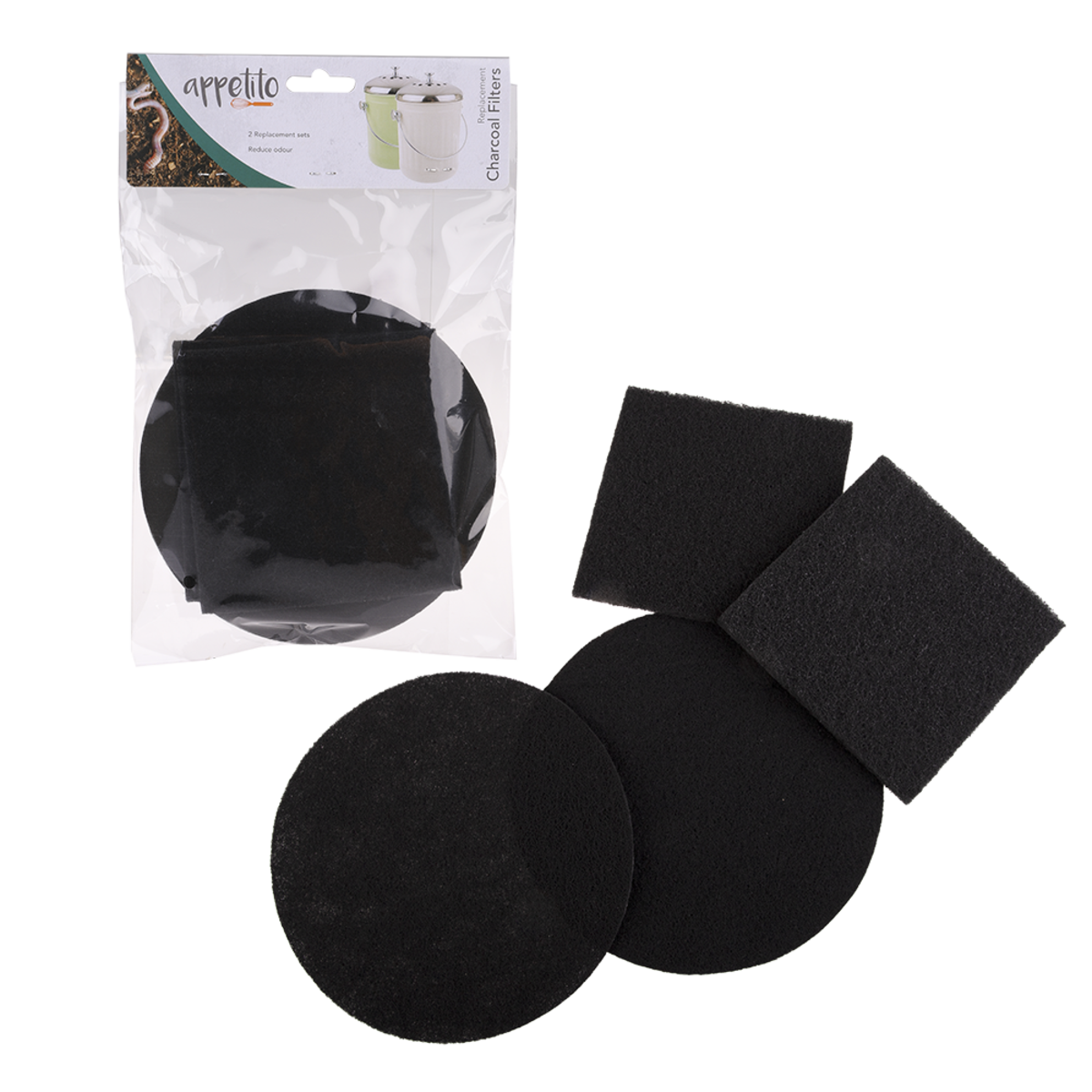 Appetito replacement charcoal filter set, round and square pads shown with their packaging