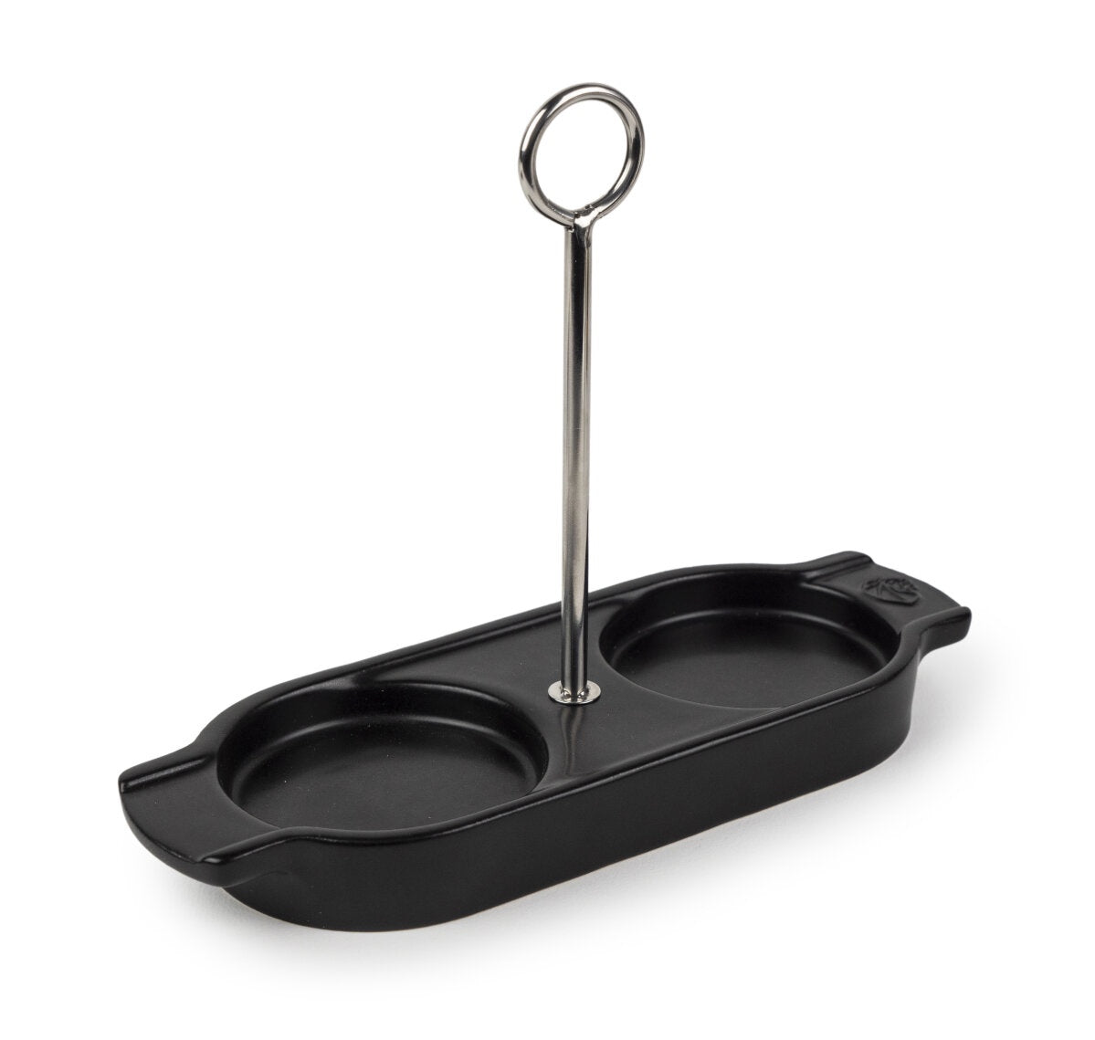 Peugeot Linea ceramic tray in black with a steel loop handle and two egg cup wells