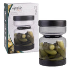 Appetito borosilicate glass pickle jar with a black lid and a pickle press, shown beside its box