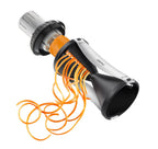 Gefu Spirelli 2.0 spiral slicer in black and steel, producing orange vegetable spirals