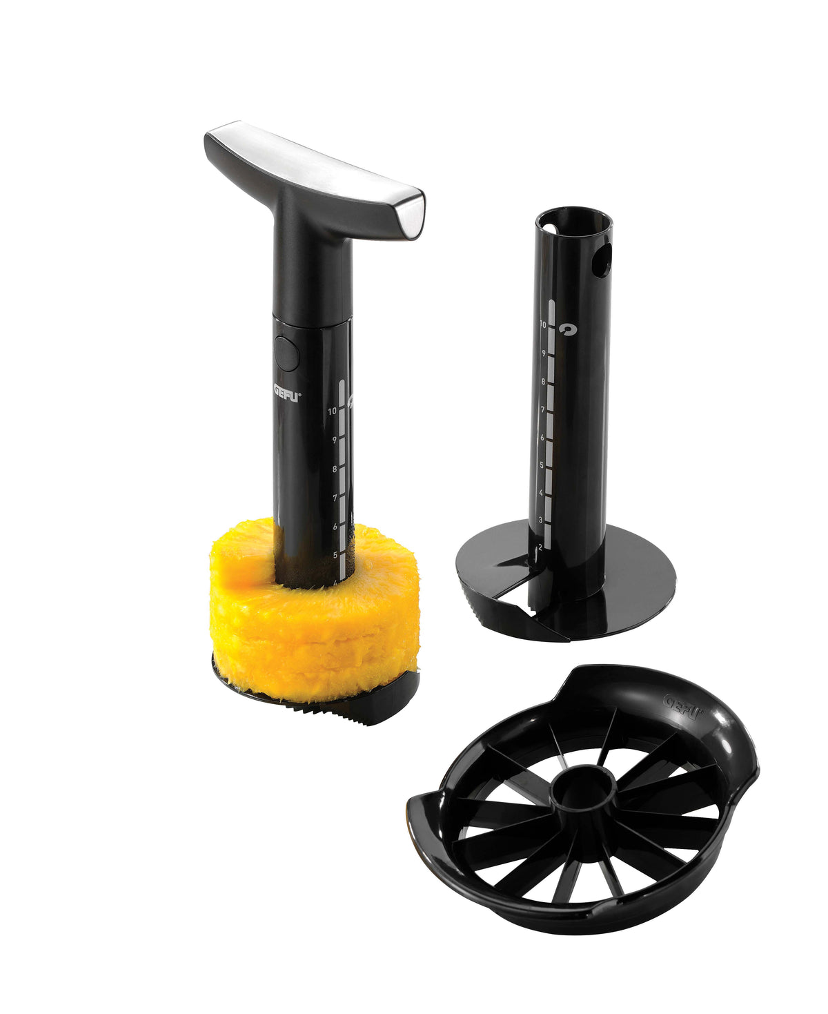 Gefu Comfort pineapple slicer with a black handle and a coring tube, shown with a wedge cutter