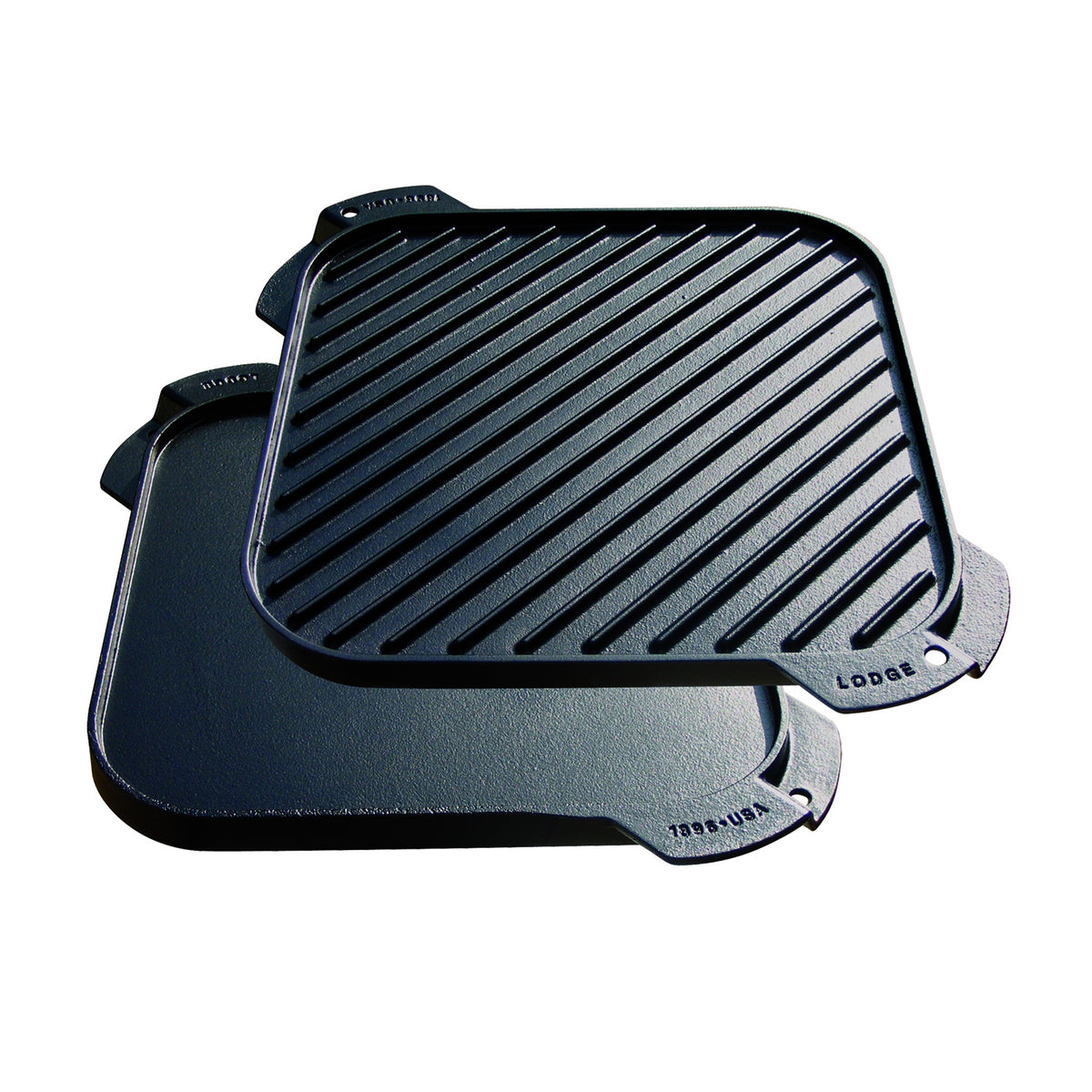 Lodge single burner reversible square griddle in black cast iron, ridged on one side and flat on the other
