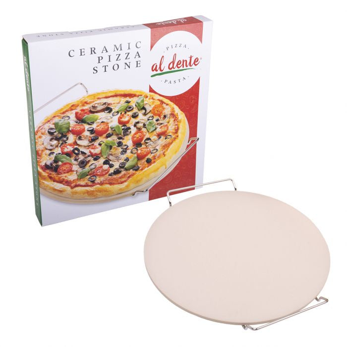 Al Dente ceramic pizza stone with a wire rack, shown in its packaging with a pizza