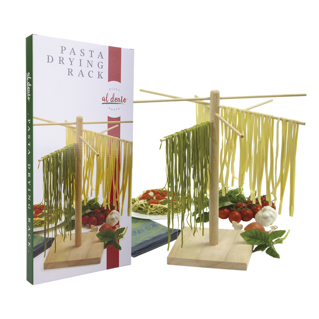 Al Dente pasta drying rack in wood, shown in its packaging with hanging pasta