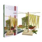 Al Dente pasta drying rack in wood, shown in its packaging with hanging pasta