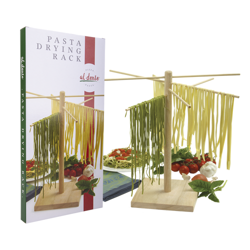 Al Dente pasta drying rack in wood, shown in its packaging with hanging pasta
